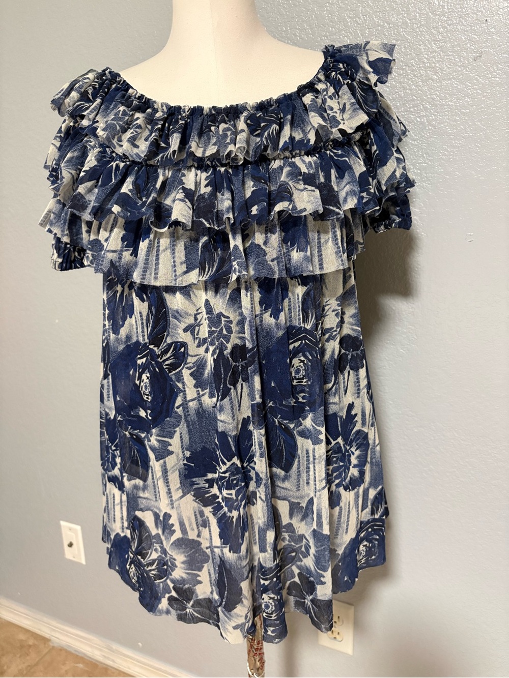 Jean Paul Gaultier Navy and Cream Ruffled Floral Tunic